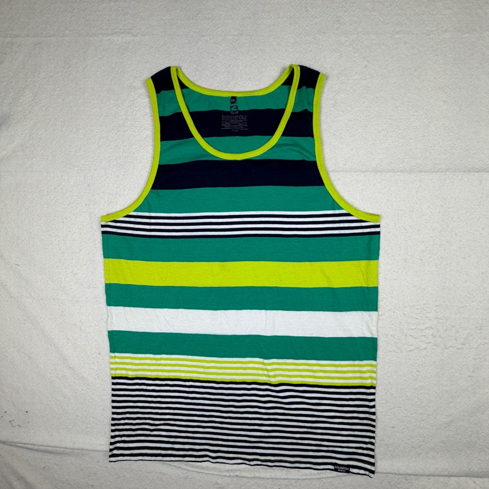 Southpole Mens XXL Tank Top Green Navy Blue Striped Cotton Sleeveless Shirt